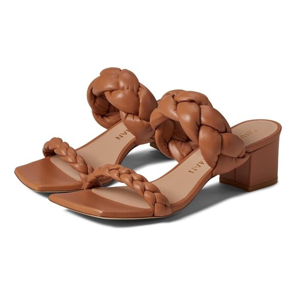 $500 Stuart Weitzman Playa Braided Block-heel Sandals Tan LEATHER 6.5 (DB12)